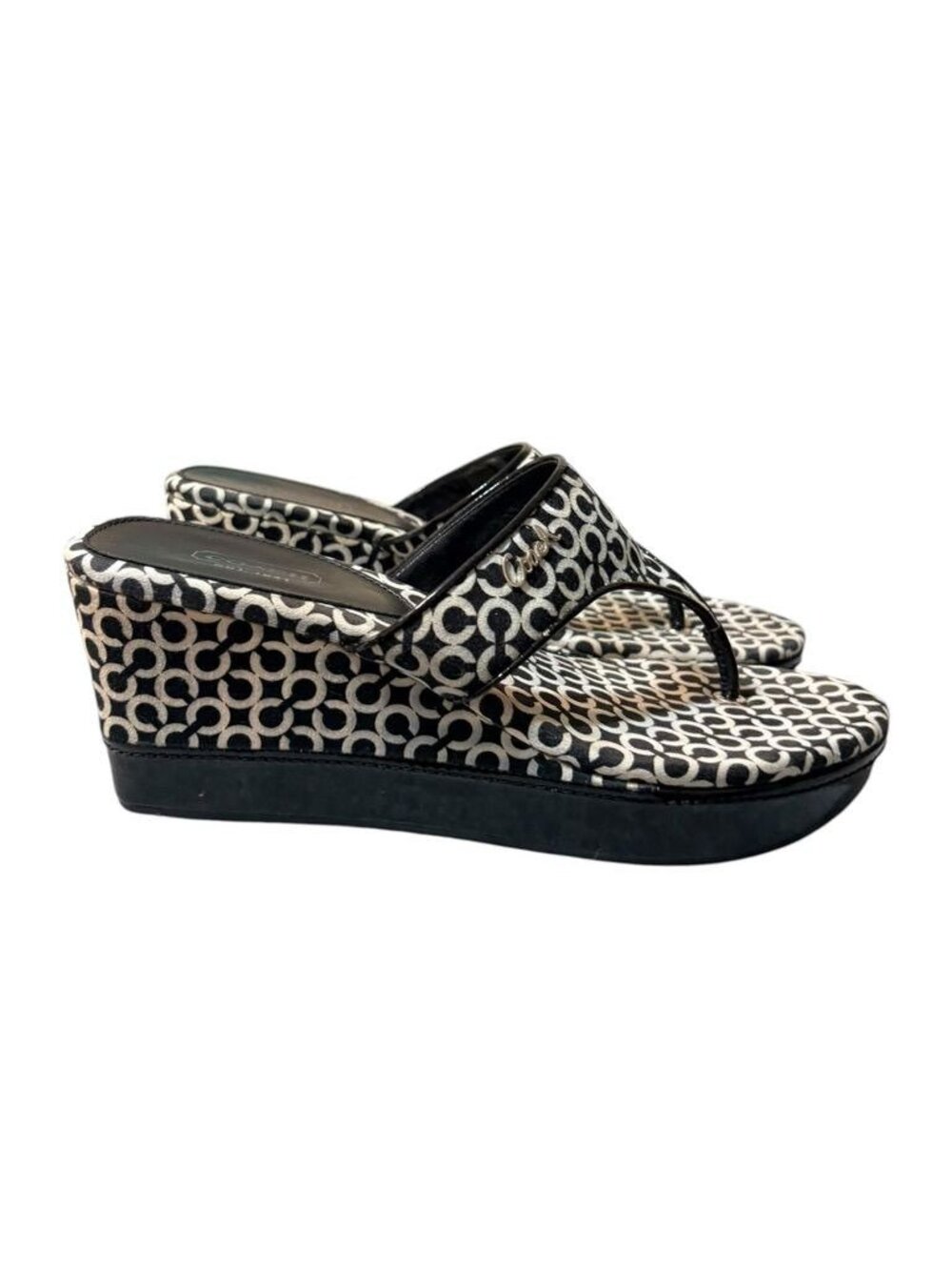 Y2K Coach Thong Sandals 8.5M Wedge Black White Logo Felicia Vintage Platform - Picture 2 of 7